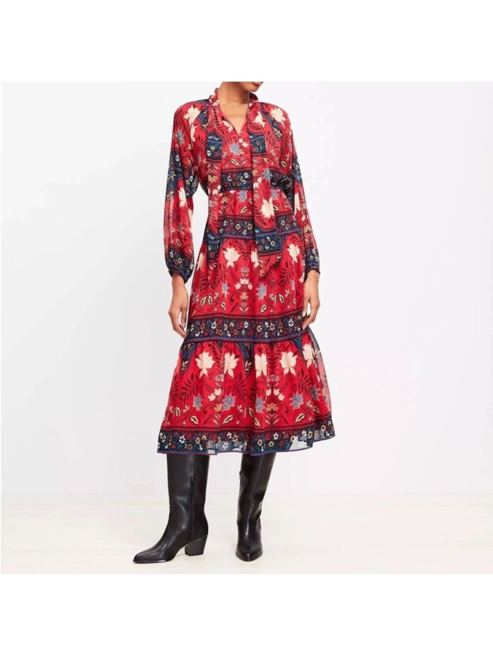 LOFT Red Floral Tiered Long-Sleeve Midi Dress with Navy Accents Size L